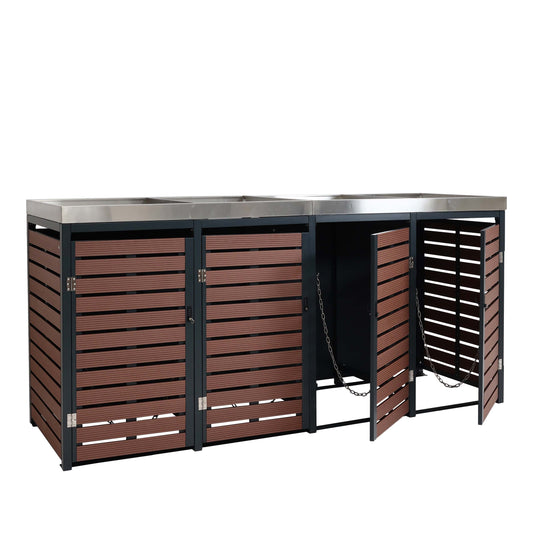 Cosmo Casa - Set van 4 Vuilnisbakbekleding met Plantenbak - WPC & RVS - Walnoothoutlook - 124×265×84 cm / 132 kg