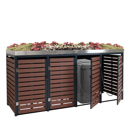 Cosmo Casa - Set van 4 Vuilnisbakbekleding met Plantenbak - WPC & RVS - Walnoothoutlook - 124×265×84 cm / 132 kg