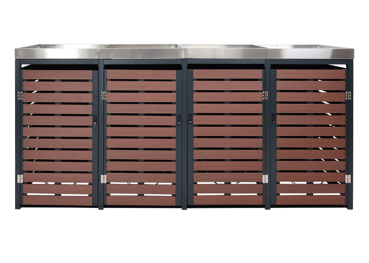 Cosmo Casa - Set van 4 Vuilnisbakbekleding met Plantenbak - WPC & RVS - Walnoothoutlook - 124×265×84 cm / 132 kg