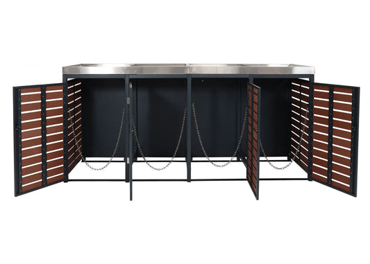 Cosmo Casa - Set van 4 Vuilnisbakbekleding met Plantenbak - WPC & RVS - Walnoothoutlook - 124×265×84 cm / 132 kg