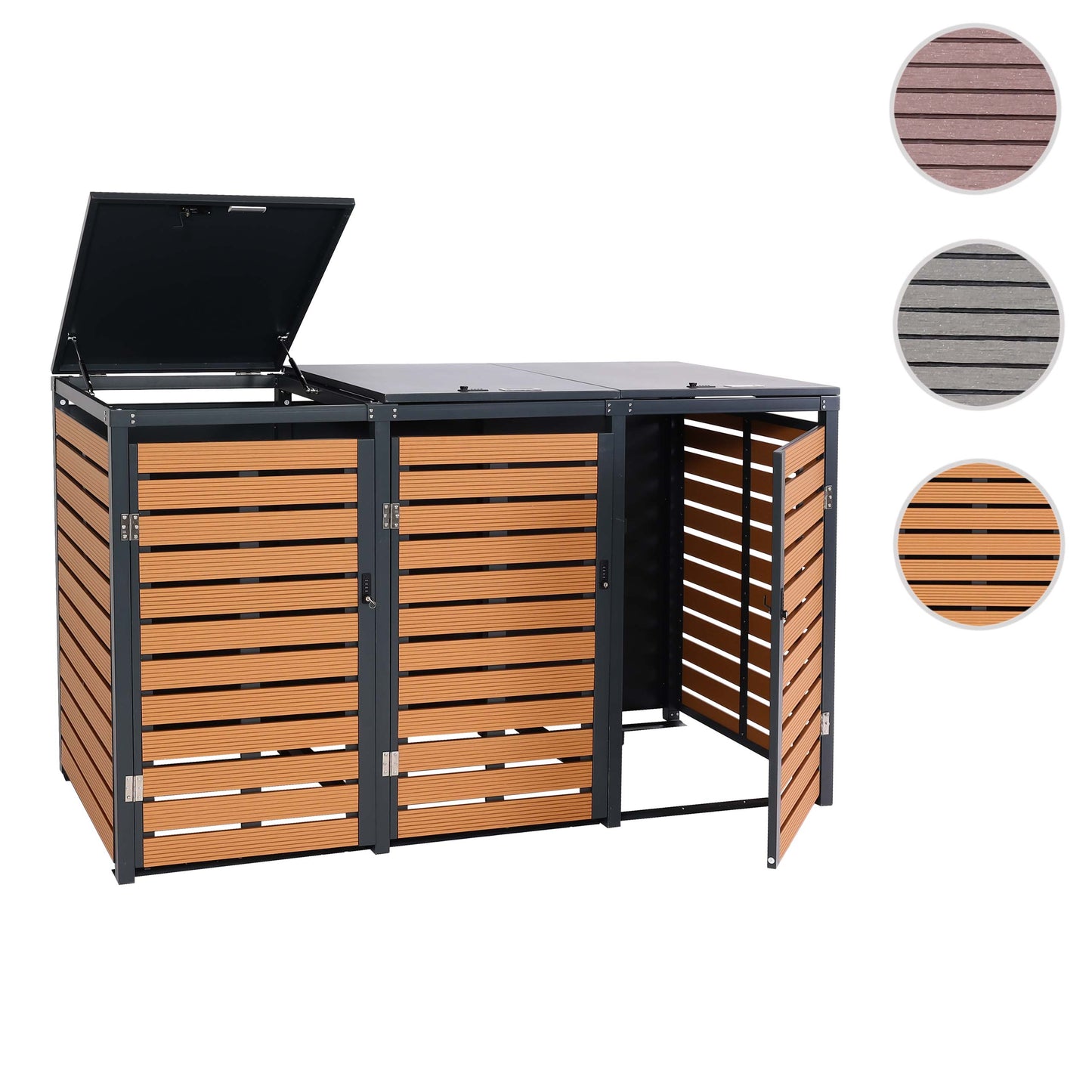 Cosmo Casa - Set van 3 Vuilnisbakbekleding - Bak met Deksel - WPC & Metaal - Teaklook - 119×205×84 cm/109 kg