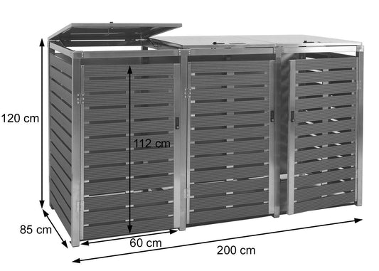 Cosmo Casa - 3-Delige Vuilnisbakbekleding - Vuilnisbakbak - WPC & RVS - Antraciet - 120×200×85 cm / 104 kg