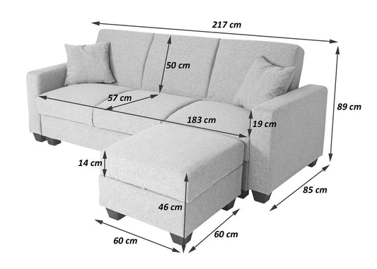 Cosmo Casa - Bank met Poef - Slaapfunctie - Textiel - Lichtgrijs - 217×145 cm