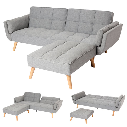 Cosmo Casa - Slaapbank met Hocker - Slaapfunctie - Textiel - Lichtgrijs - 218×175 cm