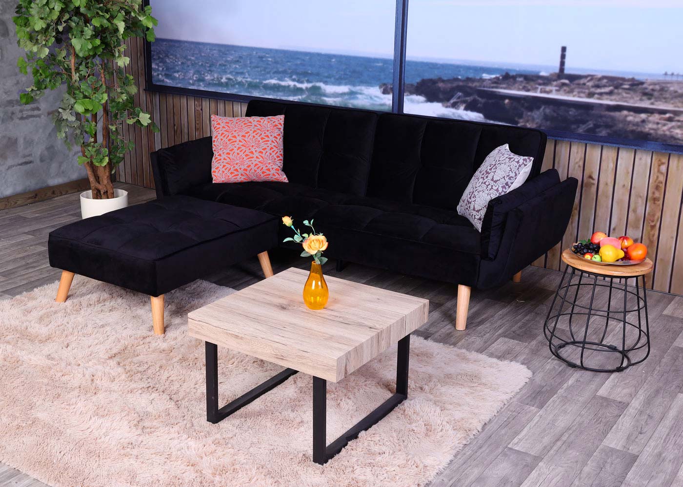 Cosmo Casa - Slaapbank met Hocker - Slaapfunctie - Fluweel - Zwart - 218×175 cm