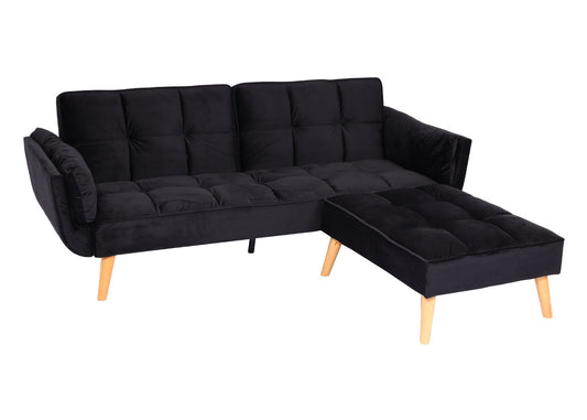 Cosmo Casa - Slaapbank met Hocker - Slaapfunctie - Fluweel - Zwart - 218×175 cm