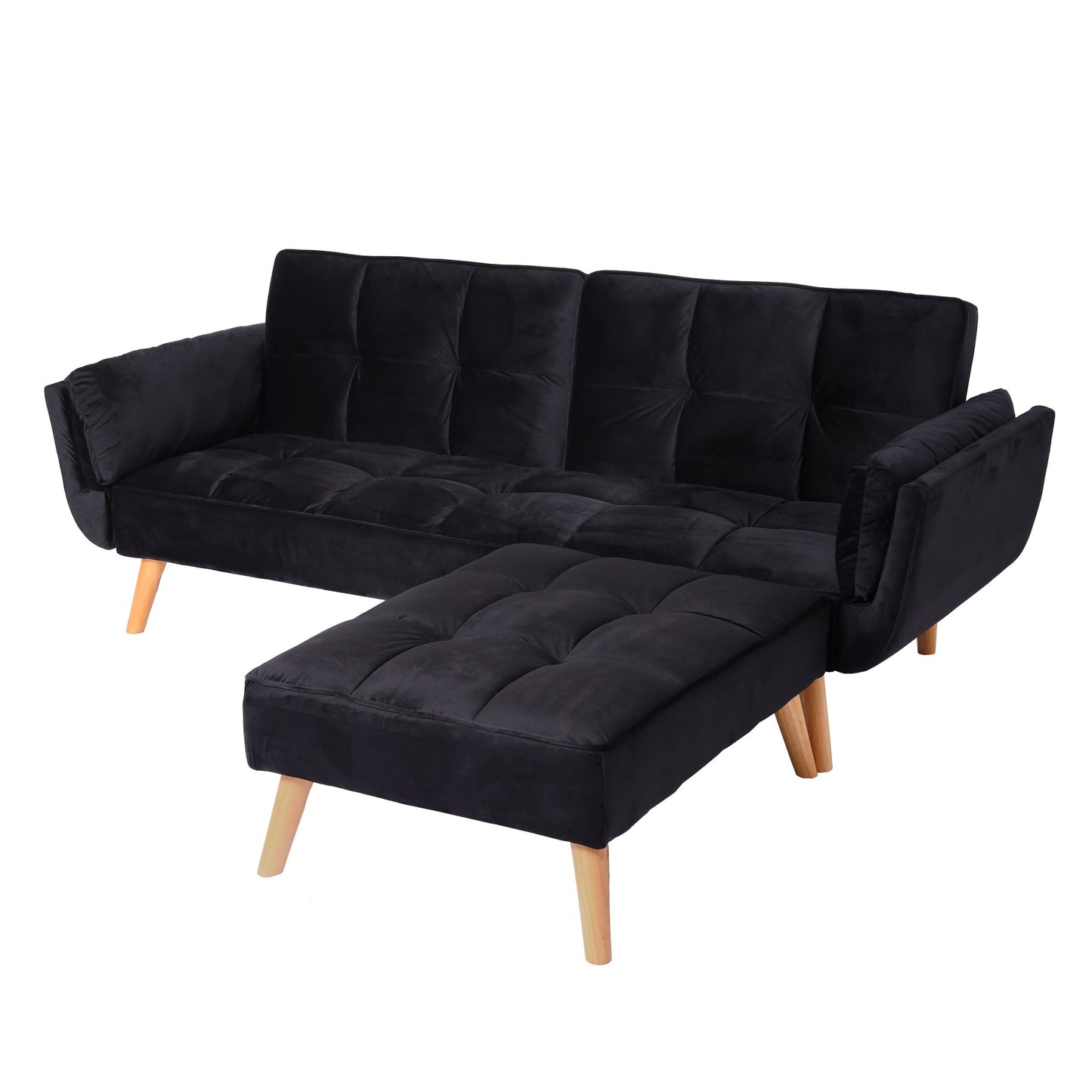 Cosmo Casa - Slaapbank met Hocker - Slaapfunctie - Fluweel - Zwart - 218×175 cm