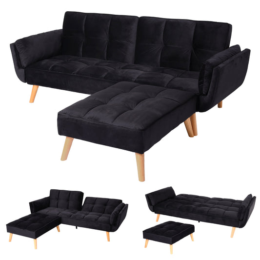Cosmo Casa - Slaapbank met Hocker - Slaapfunctie - Fluweel - Zwart - 218×175 cm