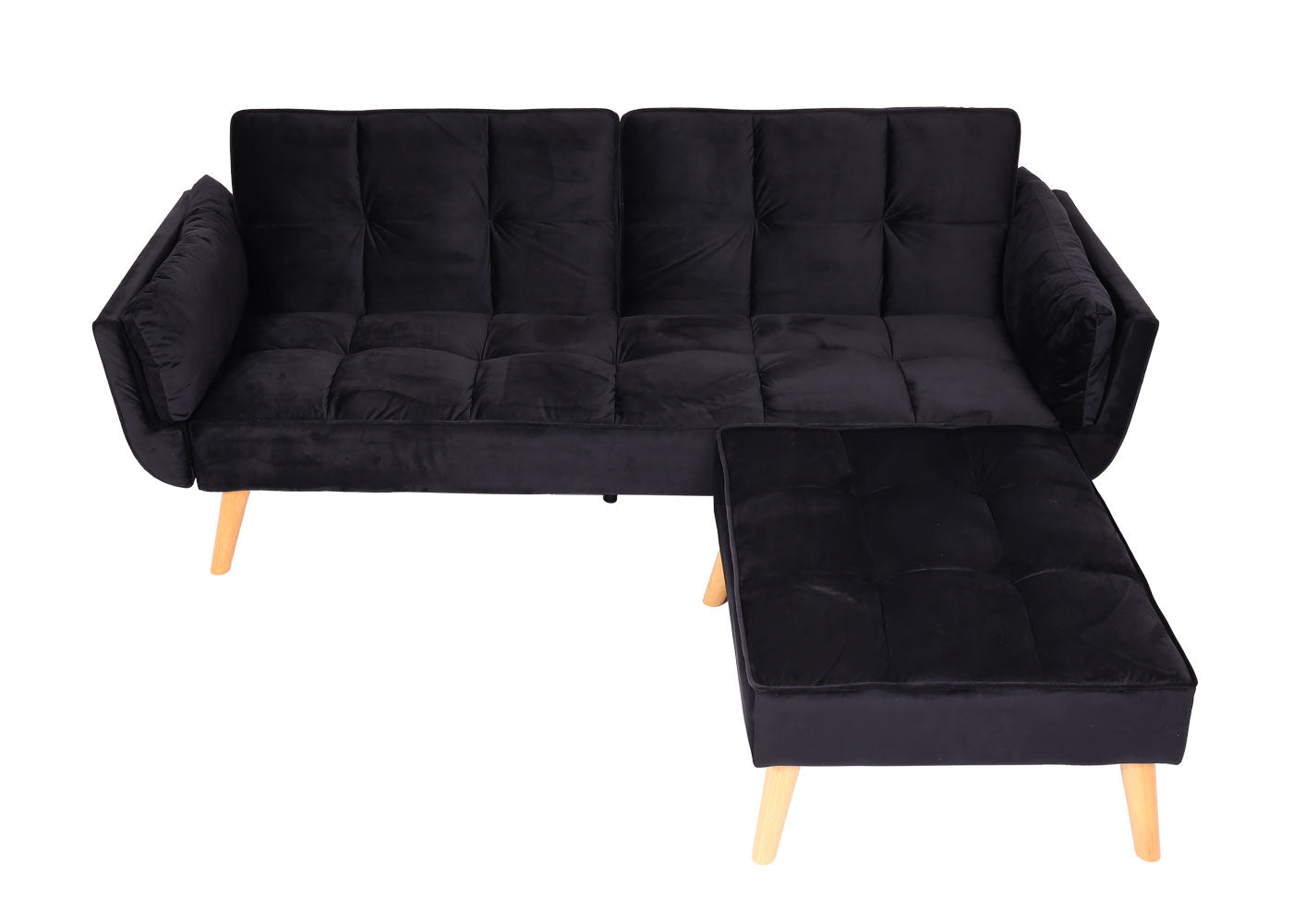 Cosmo Casa - Slaapbank met Hocker - Slaapfunctie - Fluweel - Zwart - 218×175 cm