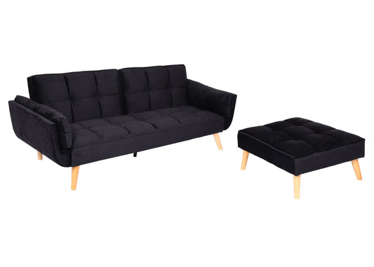 Cosmo Casa - Slaapbank met Hocker - Slaapfunctie - Fluweel - Zwart - 218×175 cm