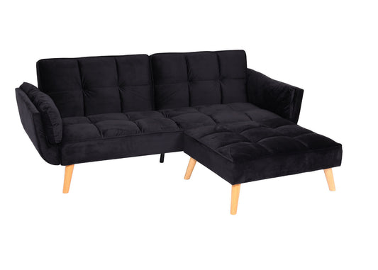 Cosmo Casa - Slaapbank met Hocker - Slaapfunctie - Fluweel - Zwart - 218×175 cm