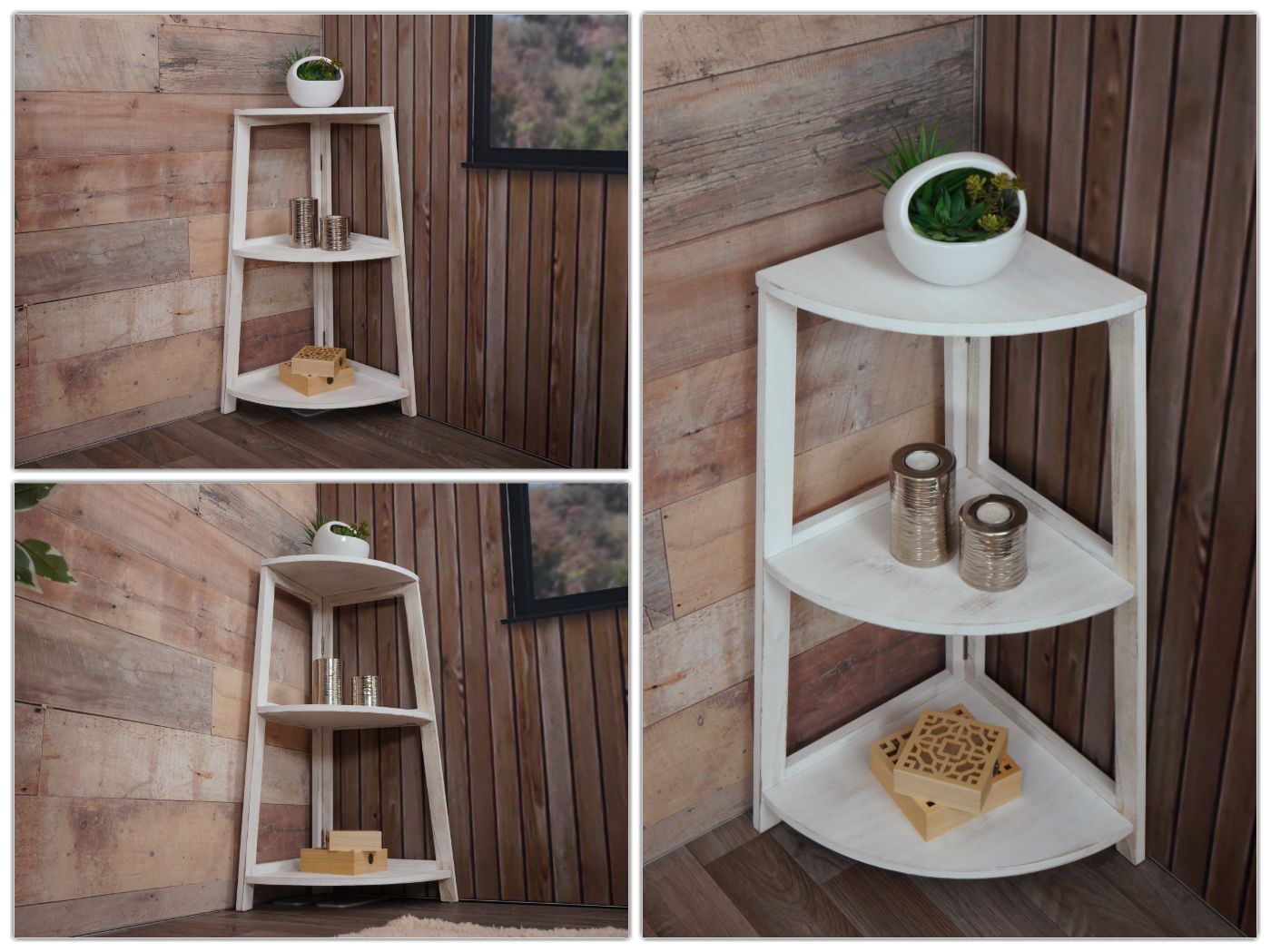 Cosmo Casa - Hoekplank - Woonplank met 3 Planken - Paulownia MDF - Shabby White - 80×37×37 cm