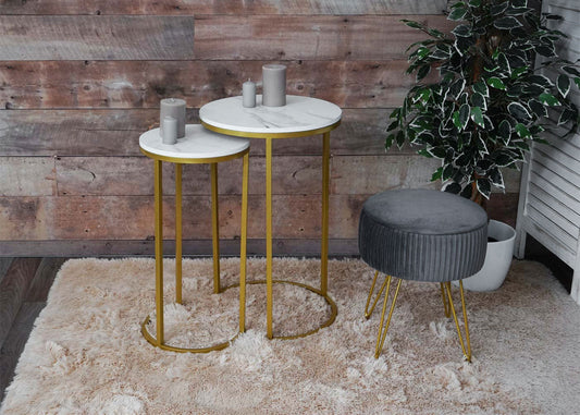 Cosmo Casa - Set van 2 Bijzettafels - Salontafel & Nachtkastje - Marmerlook MDF - Wit & Goud