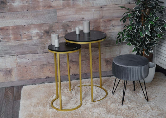 Cosmo Casa - Set van 2 Bijzettafels - Salontafel & Nachtkastje - Marmerlook MDF - Zwart & Goud