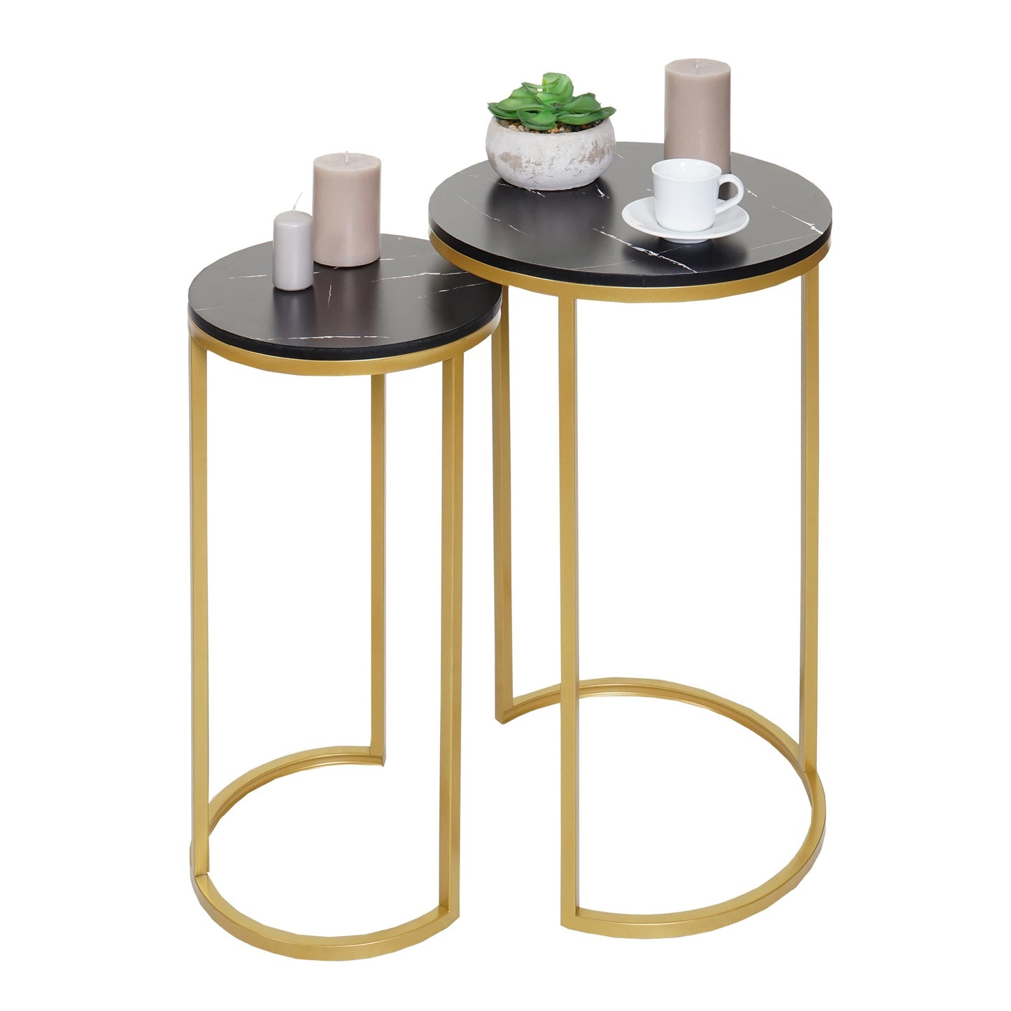 Cosmo Casa - Set van 2 Bijzettafels - Salontafel & Nachtkastje - Marmerlook MDF - Zwart & Goud