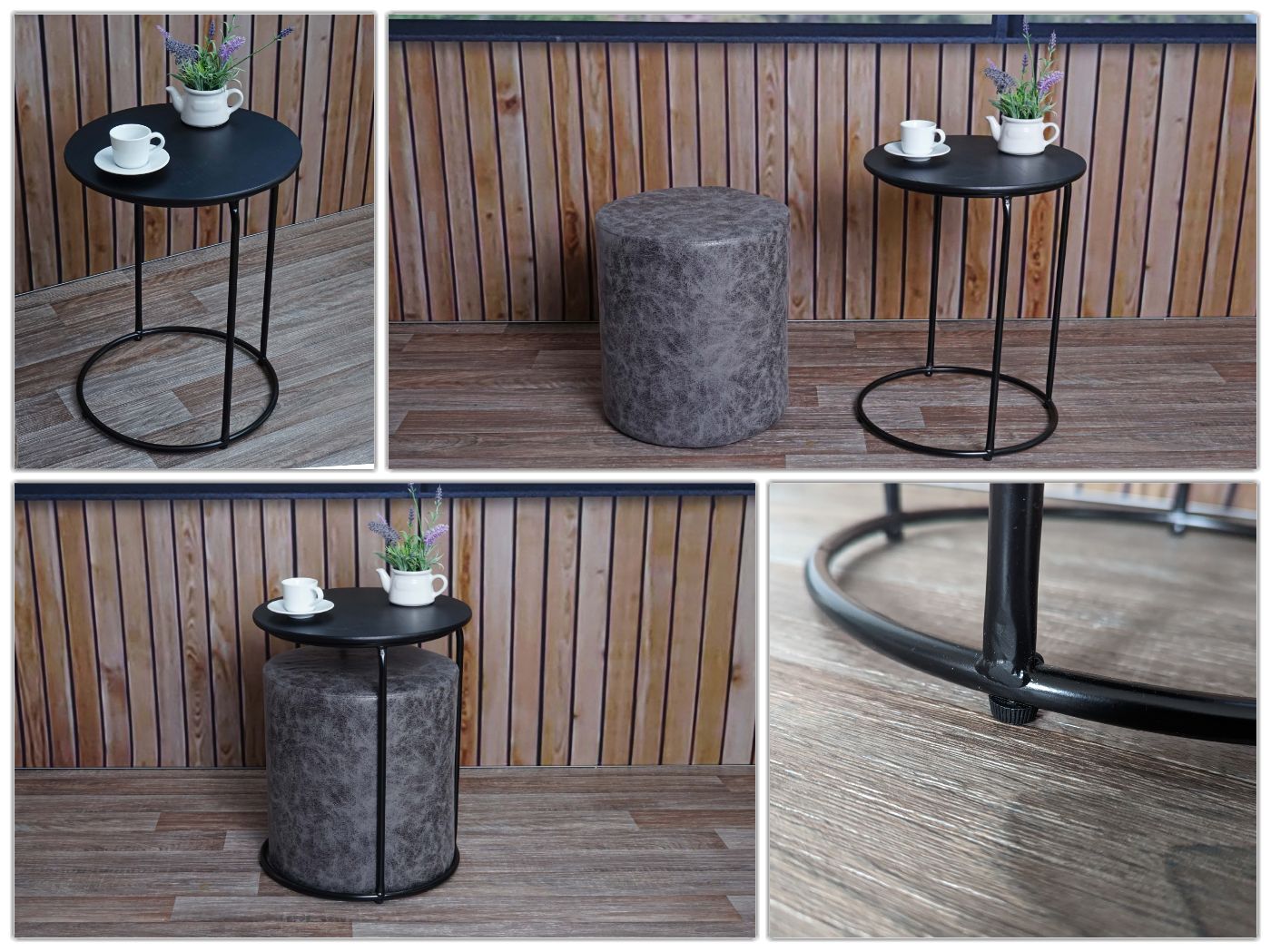 Cosmo Casa - Set van 2 Krukken en Bijzettafel - Salontafelkruk - MDF & Metaal - Kunstleer - Zwart