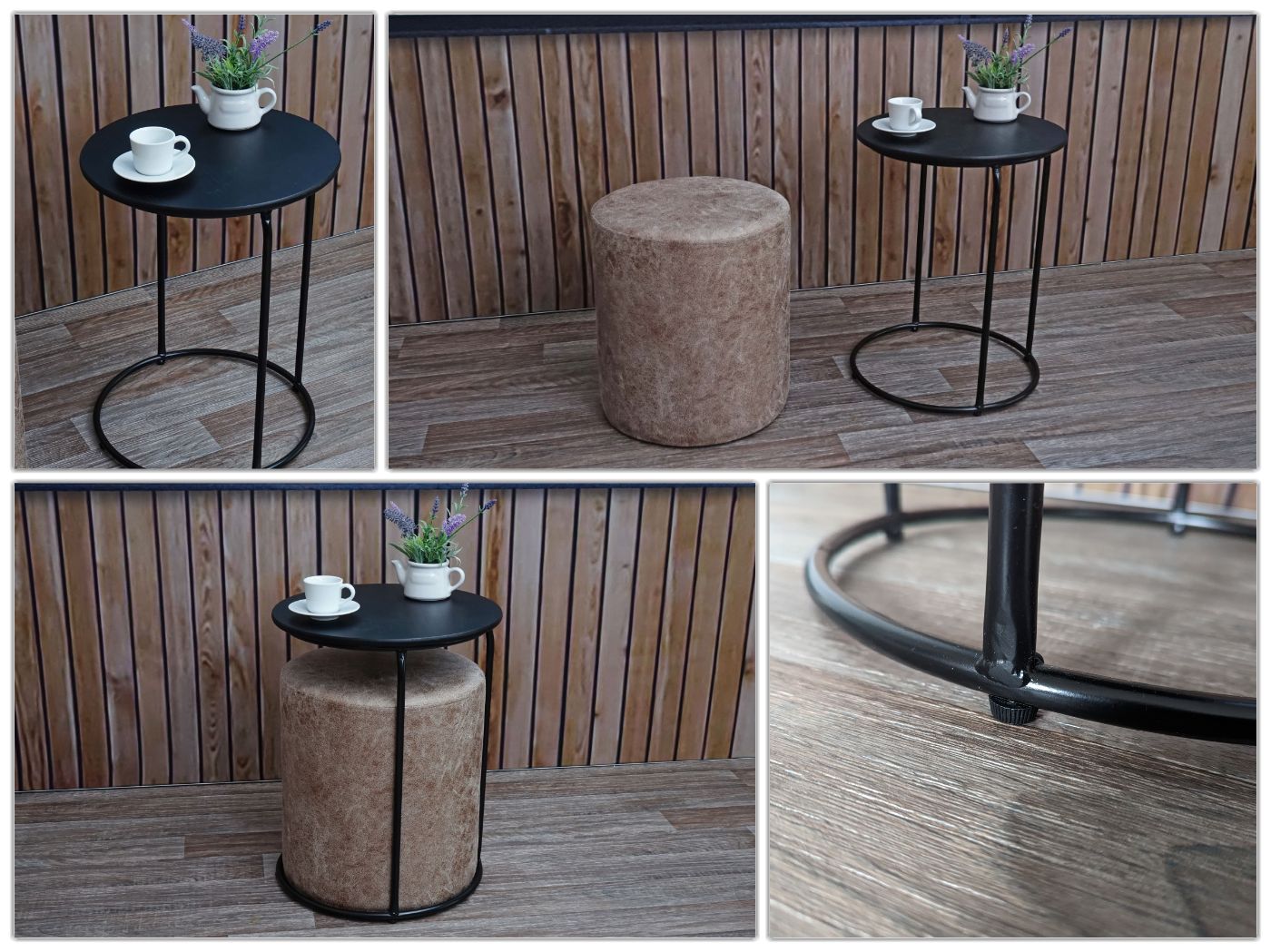 Cosmo Casa - Set van 2 Krukken en Bijzettafel - Salontafelkruk - MDF & Metaal - Kunstleer - Bruin