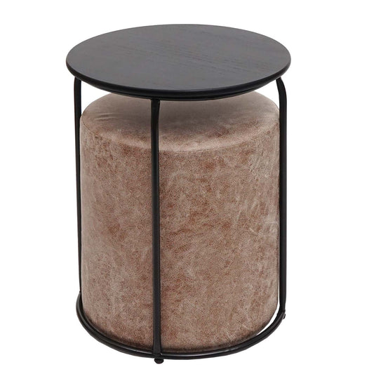 Cosmo Casa - Set van 2 Krukken en Bijzettafel - Salontafelkruk - MDF & Metaal - Kunstleer - Bruin