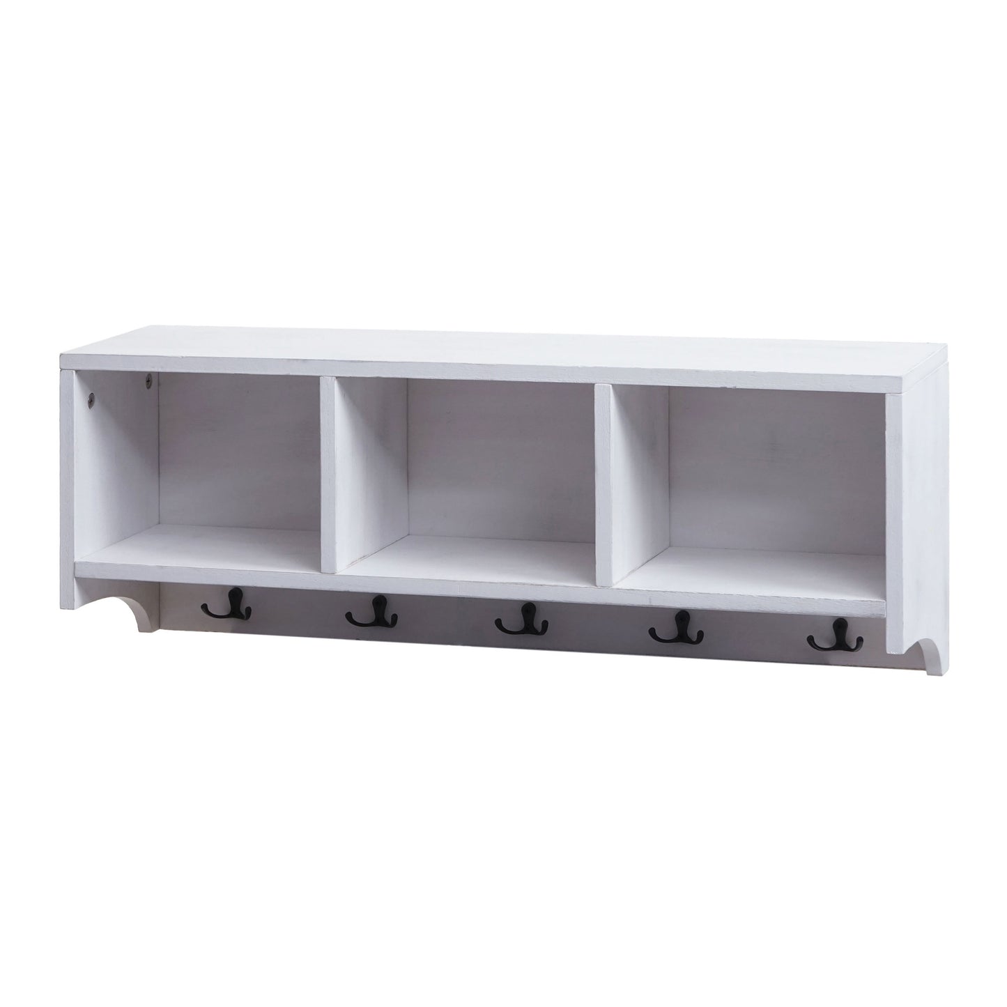 Cosmo Casa - Wandplank & Kapstokpaneel - 3 Opbergvakken & 5 Haken - Hout - Shabby White - 30×80×20 cm