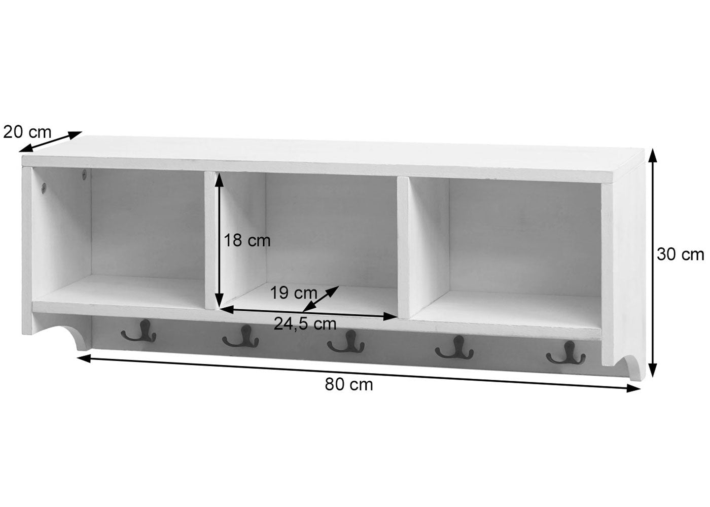 Cosmo Casa - Wandplank & Kapstokpaneel - 3 Opbergvakken & 5 Haken - Hout - Shabby White - 30×80×20 cm