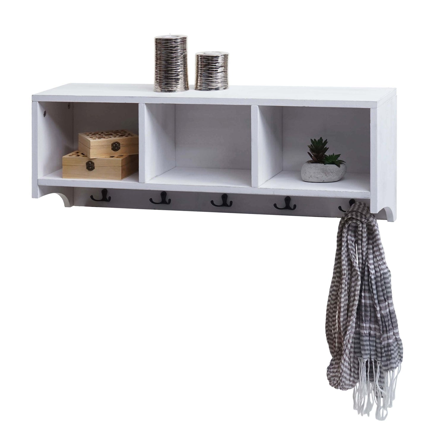 Cosmo Casa - Wandplank & Kapstokpaneel - 3 Opbergvakken & 5 Haken - Hout - Shabby White - 30×80×20 cm