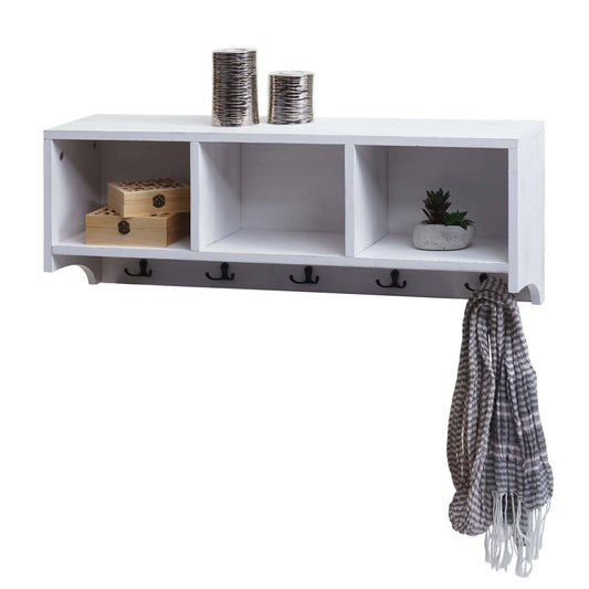 Cosmo Casa - Wandplank & Kapstokpaneel - 3 Opbergvakken & 5 Haken - Hout - Shabby White - 30×80×20 cm