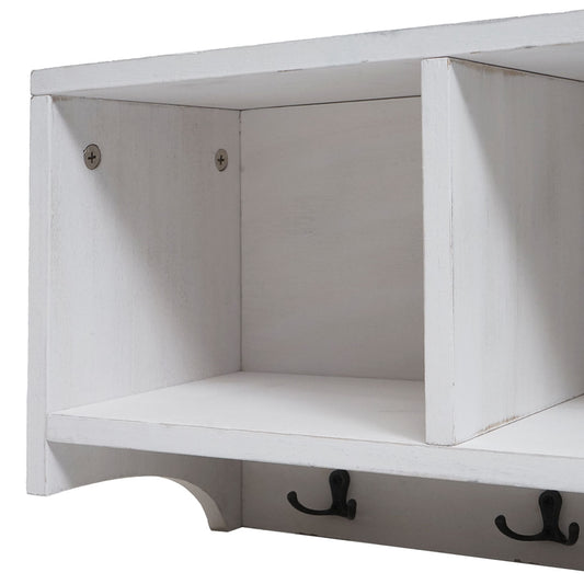 Cosmo Casa - Wandplank & Kapstokpaneel - 3 Opbergvakken & 5 Haken - Hout - Shabby White - 30×80×20 cm