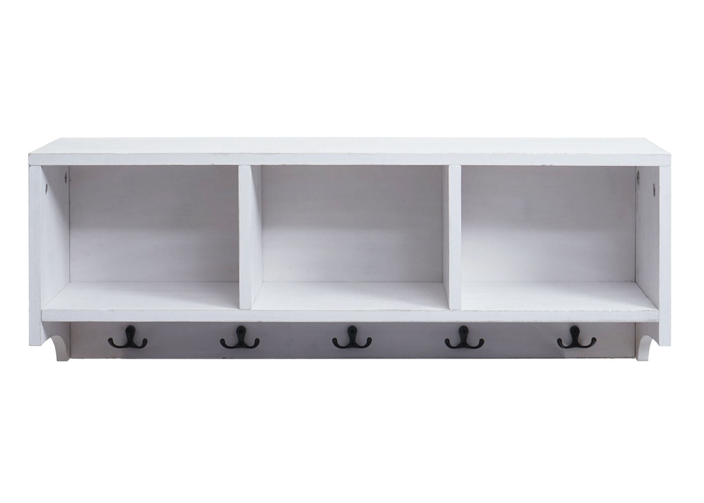 Cosmo Casa - Wandplank & Kapstokpaneel - 3 Opbergvakken & 5 Haken - Hout - Shabby White - 30×80×20 cm