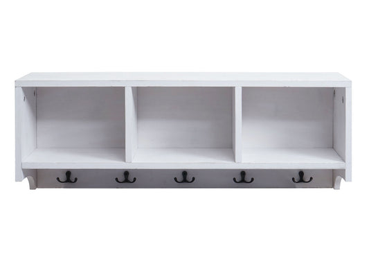 Cosmo Casa - Wandplank & Kapstokpaneel - 3 Opbergvakken & 5 Haken - Hout - Shabby White - 30×80×20 cm