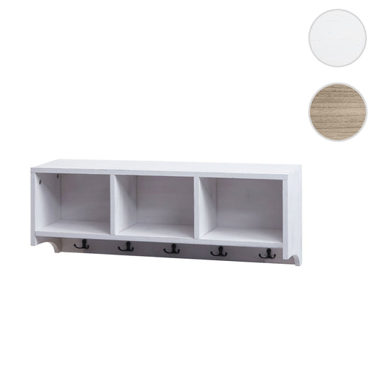 Cosmo Casa - Wandplank & Kapstokpaneel - 3 Opbergvakken & 5 Haken - Hout - Shabby White - 30×80×20 cm