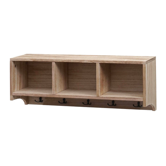 Cosmo Casa - Wandplank & Kapstokpaneel - 3 Opbergvakken & 5 Haken - Hout - Natural Brown - 30×80×20 cm