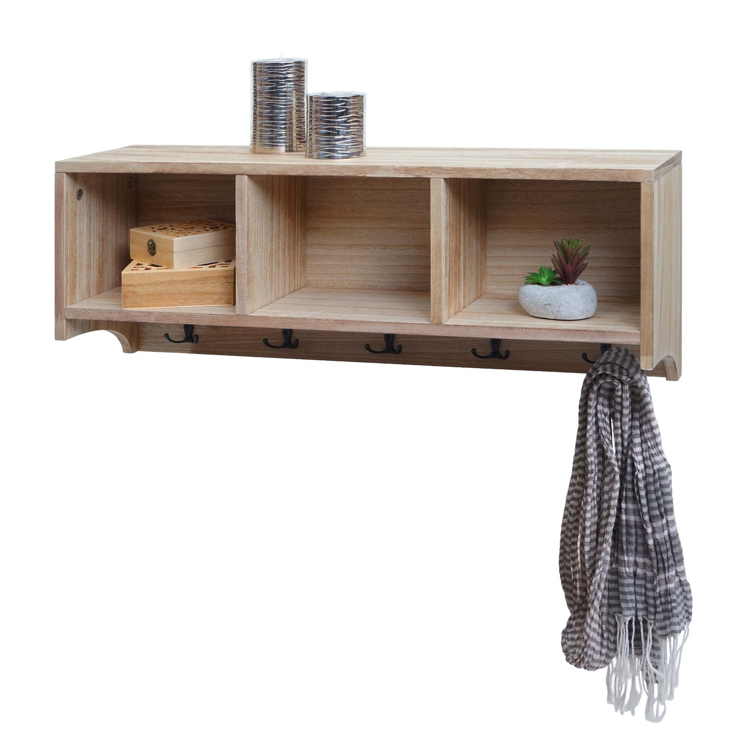 Cosmo Casa - Wandplank & Kapstokpaneel - 3 Opbergvakken & 5 Haken - Hout - Natural Brown - 30×80×20 cm