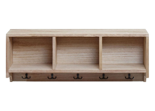 Cosmo Casa - Wandplank & Kapstokpaneel - 3 Opbergvakken & 5 Haken - Hout - Natural Brown - 30×80×20 cm
