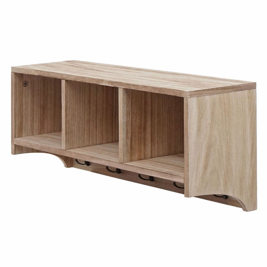 Cosmo Casa - Wandplank & Kapstokpaneel - 3 Opbergvakken & 5 Haken - Hout - Natural Brown - 30×80×20 cm