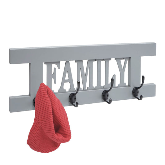 Cosmo Casa - Wandkapstok “Family” - Shabby Look Vintage Paneel - Grijsblauw - 60×21 cm