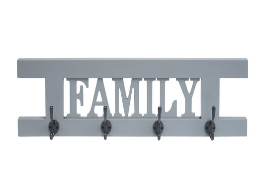 Cosmo Casa - Wandkapstok “Family” - Shabby Look Vintage Paneel - Grijsblauw - 60×21 cm