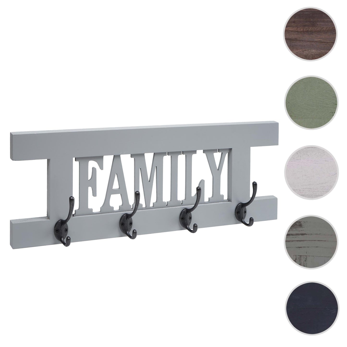 Cosmo Casa - Wandkapstok “Family” - Shabby Look Vintage Paneel - Grijsblauw - 60×21 cm