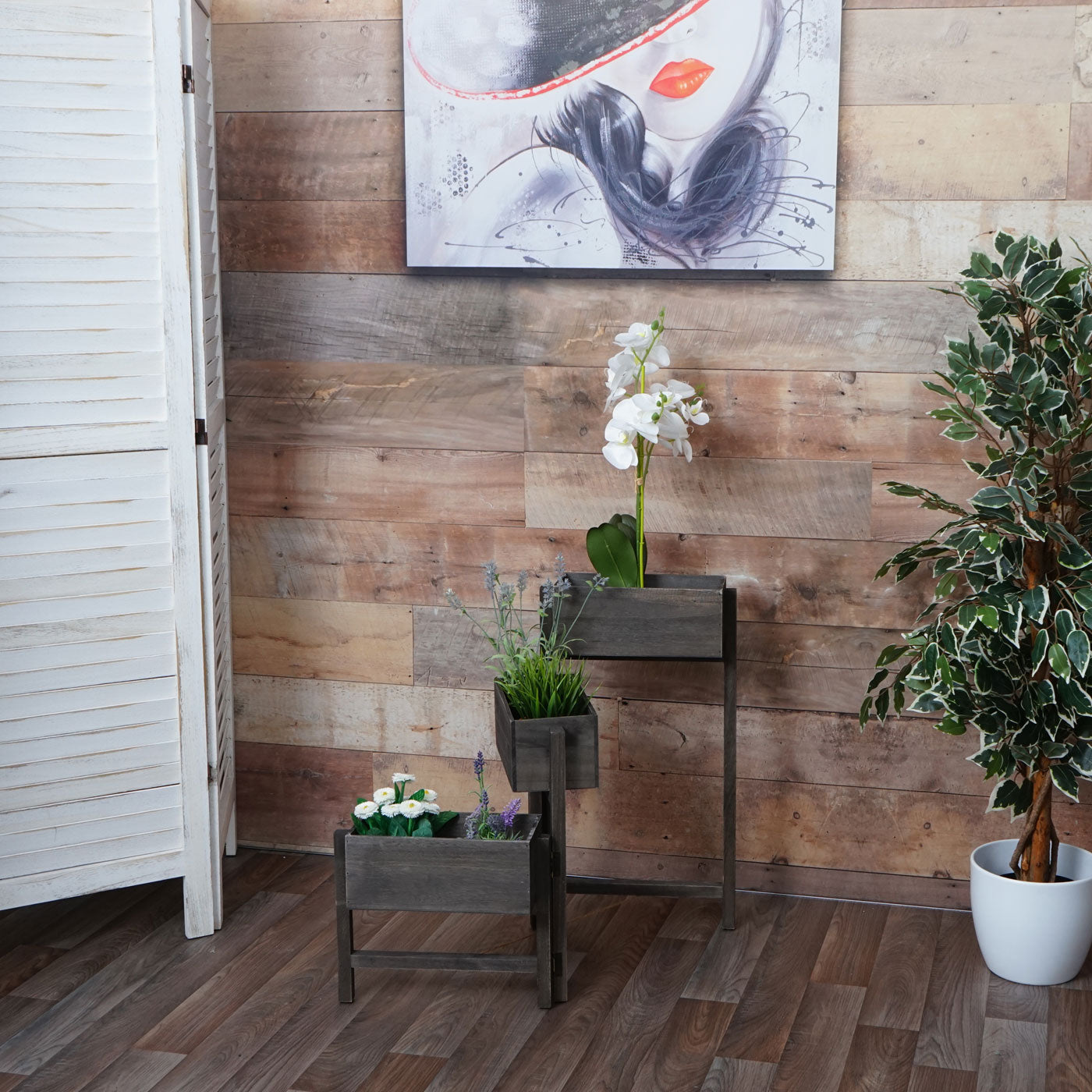 Cosmo Casa - Plantenplank - Staande Plank & Plantenbak - Hout - Shabby Look - Vintage Grijsbruin