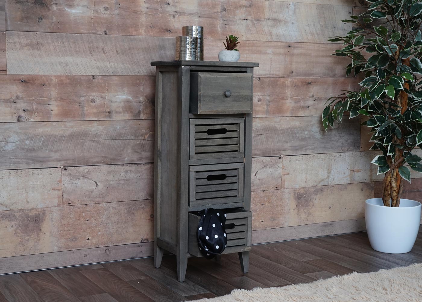 Cosmo Casa - Ladekast - 4 Lades - Shabby Look - Vintage Grijsbruin - 74×30×25 cm