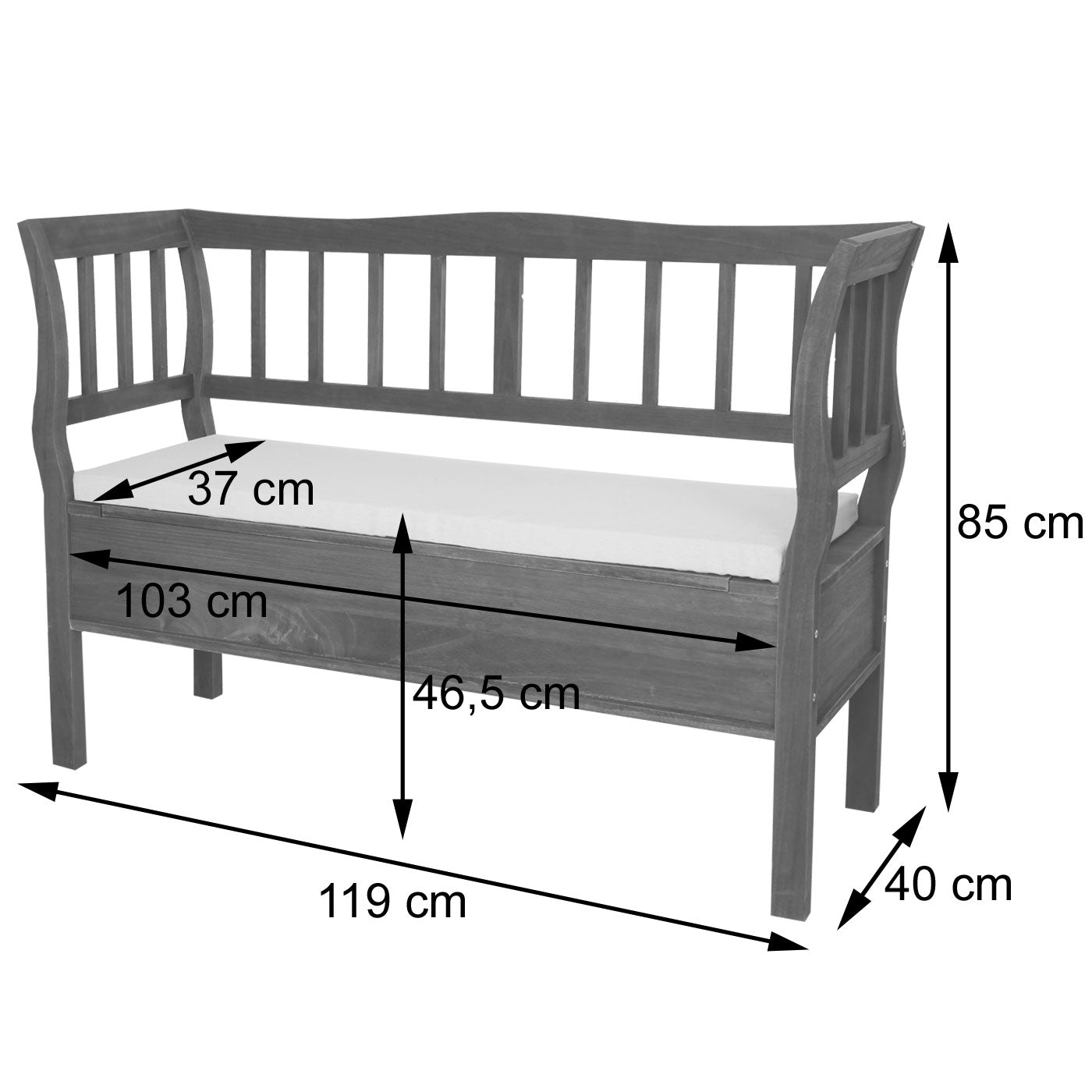 Cosmo Casa - Houten Bank met Opbergkist - Opbergvak & Kussen - Hout - Grijsbruin - 119 cm