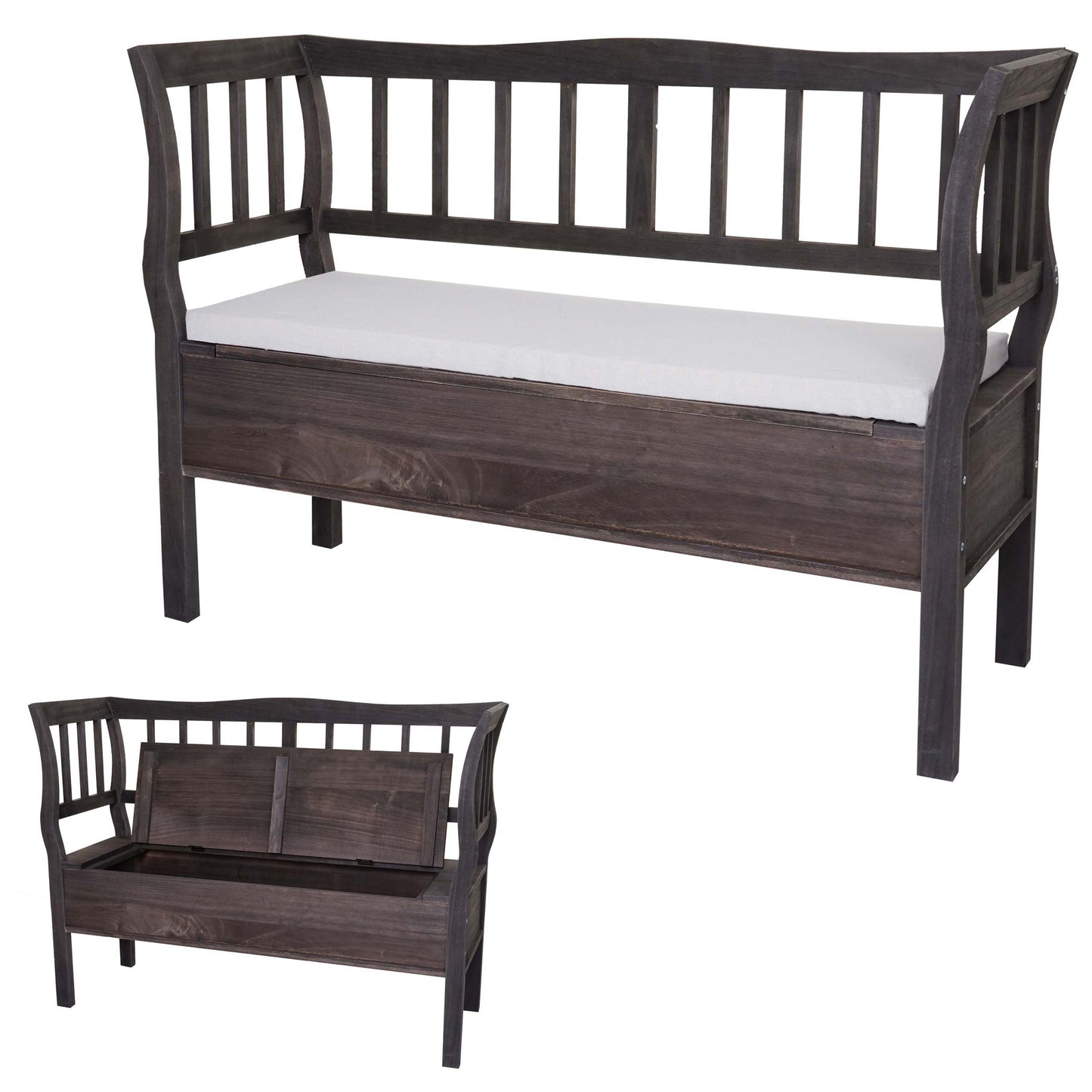 Cosmo Casa - Houten Bank met Opbergkist - Opbergvak & Kussen - Hout - Grijsbruin - 119 cm