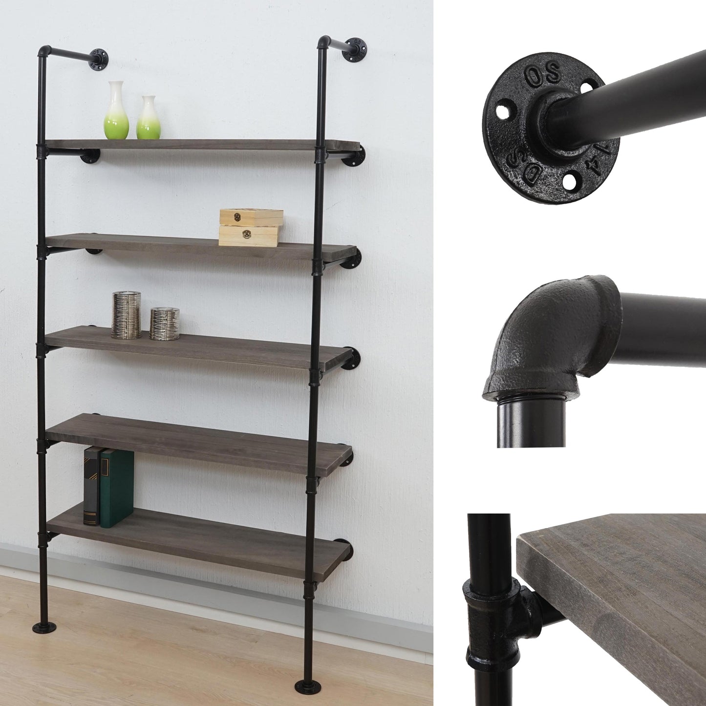 Cosmo Casa - Staande Plank - Woonplank/Boekenkast - Industrieel Design - Hout & Metaal - Grijsbruin - 165×80×28 cm