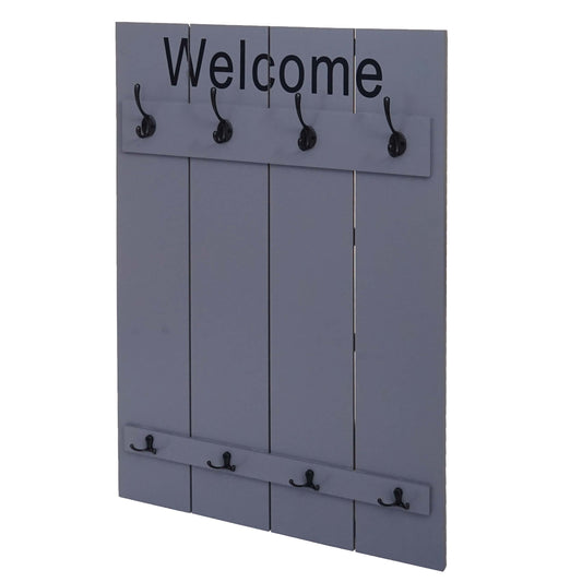 Cosmo Casa - Wandkapstok “Welcome” - Shabby Look Paneel - Grijsblauw - 91×60 cm