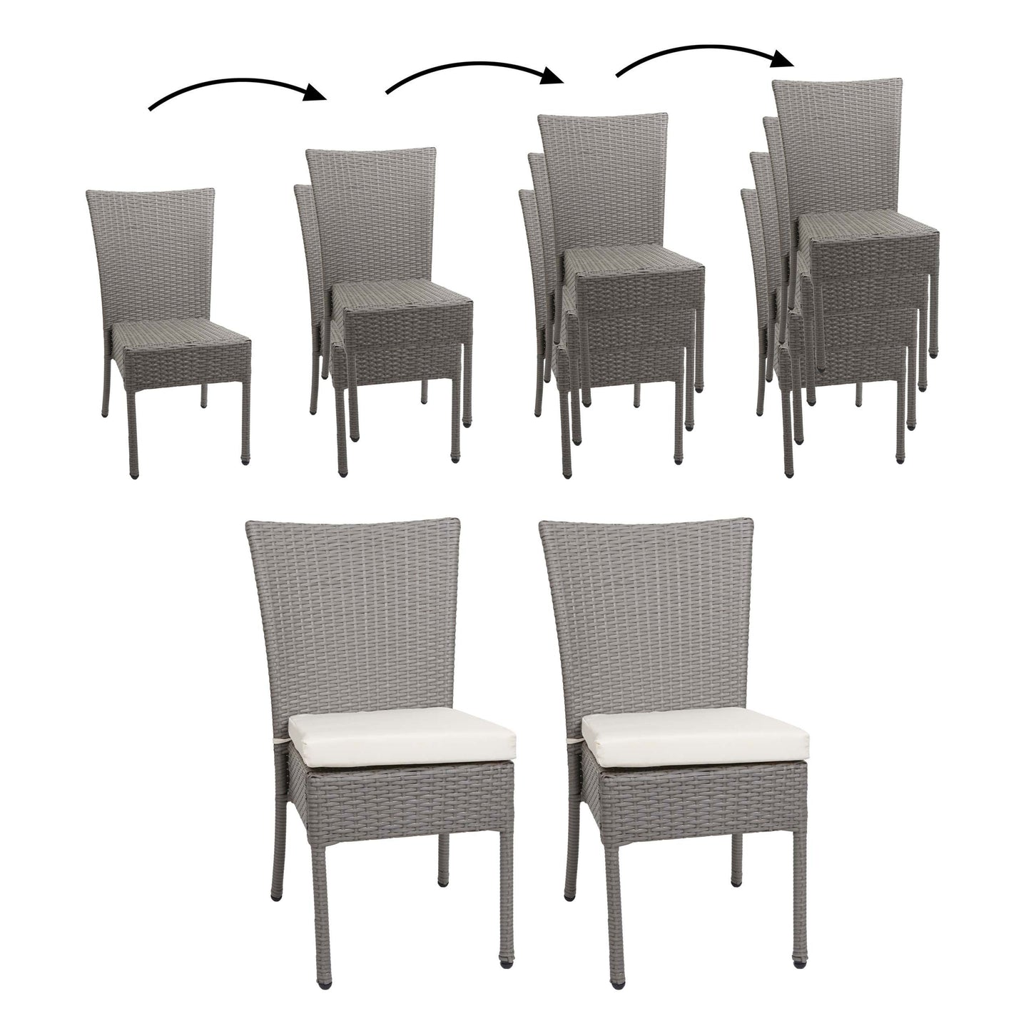 Cosmo Casa - Set van 2 Poly Rattan Stoelen - Balkonstoel, Stapelbaar - Polyrotan & Kussens - Grijs & Crèmewit