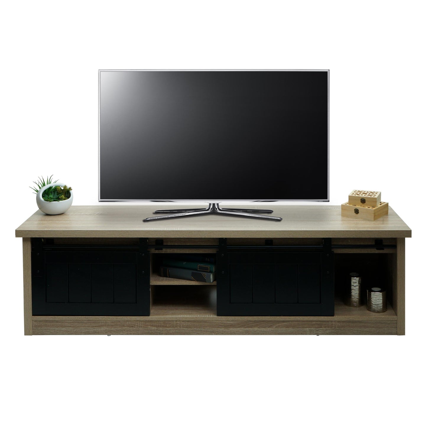 Cosmo Casa - TV-rek - Lowboard - Houtlook & Metaal met Schuifdeur - 43×150×40 cm - Naturel