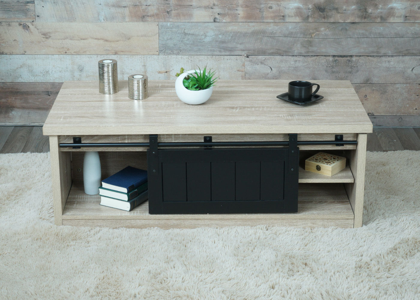 Cosmo Casa - Salontafel - Bijzettafel & Woonkamertafel - Houtlook & Metaal met Schuifdeuren (6 Vakken) - 44×120×60 cm - Naturel