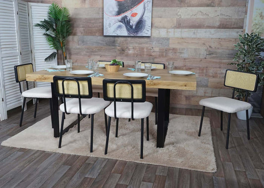 Cosmo Casa - Set van 2 Eetkamerfauteuils - Hout, Polyrotan & Metaal - Bouclé Textiel - Wit