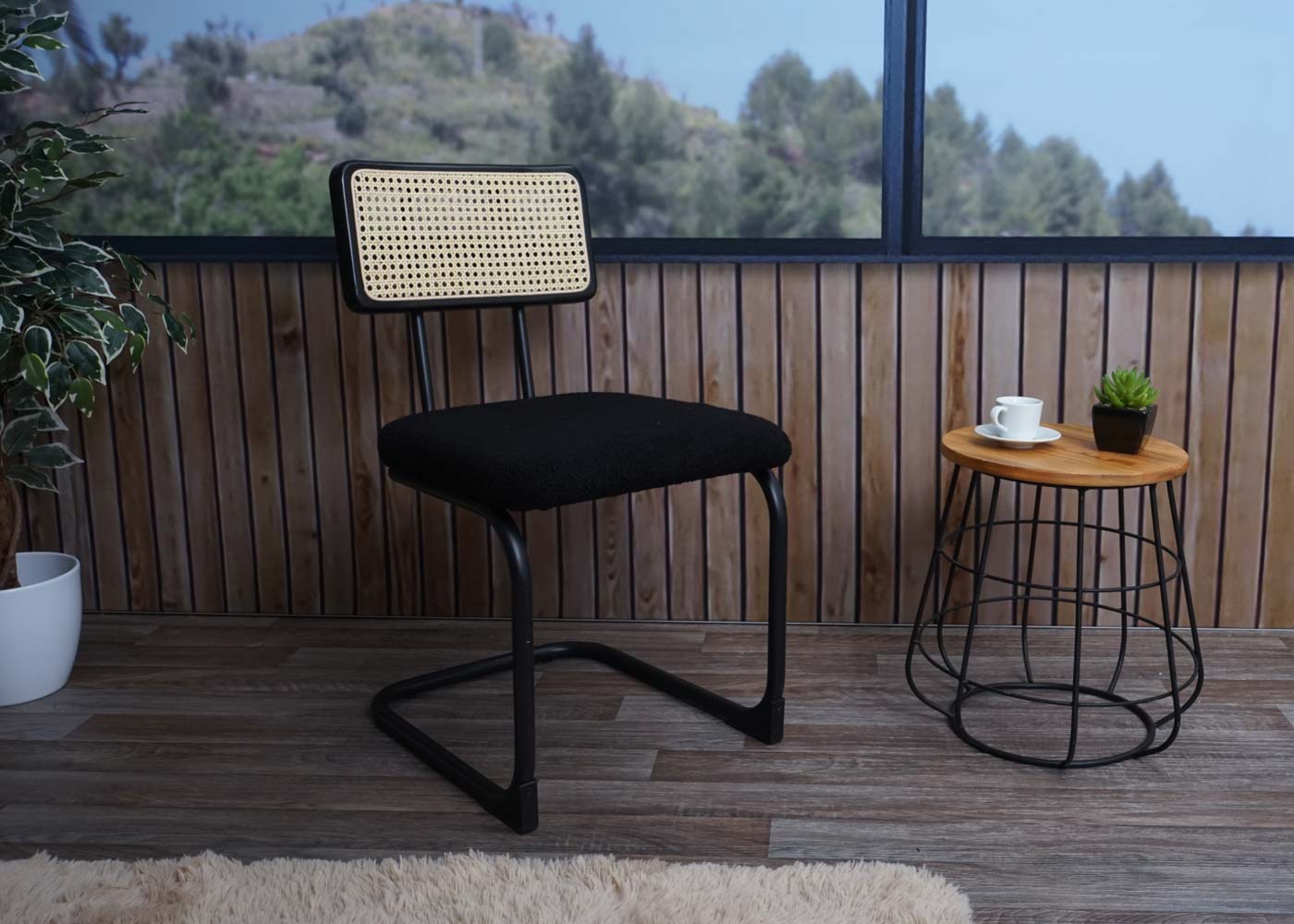 Cosmo Casa - Set van 2 Sledestoelen - Hout, Rotan & Metaal - Bouclé Textiel - Zwart