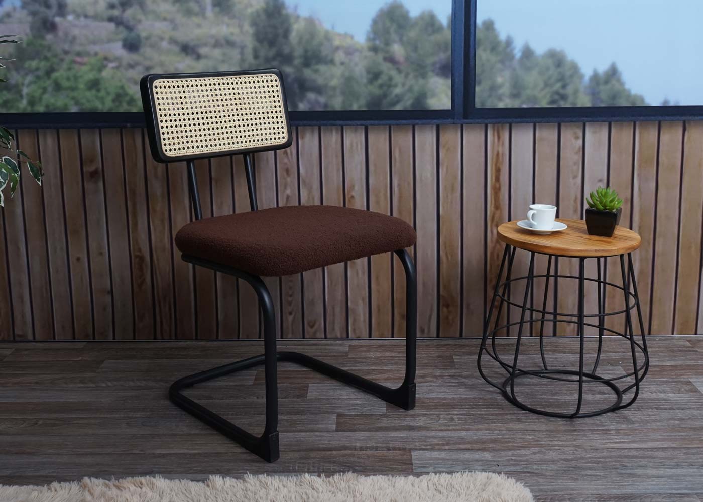 Cosmo Casa - Set van 2 Sledestoelen - Hout & Rotan & Metaal - Bouclé Textiel - Bruin