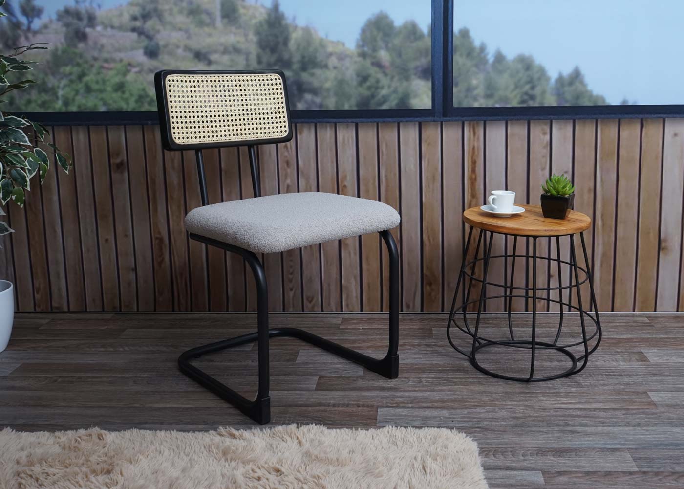 Cosmo Casa - Set van 2 Sledestoelen - Hout & Rotan & Metaal - Bouclé Textiel - Lichtgrijs